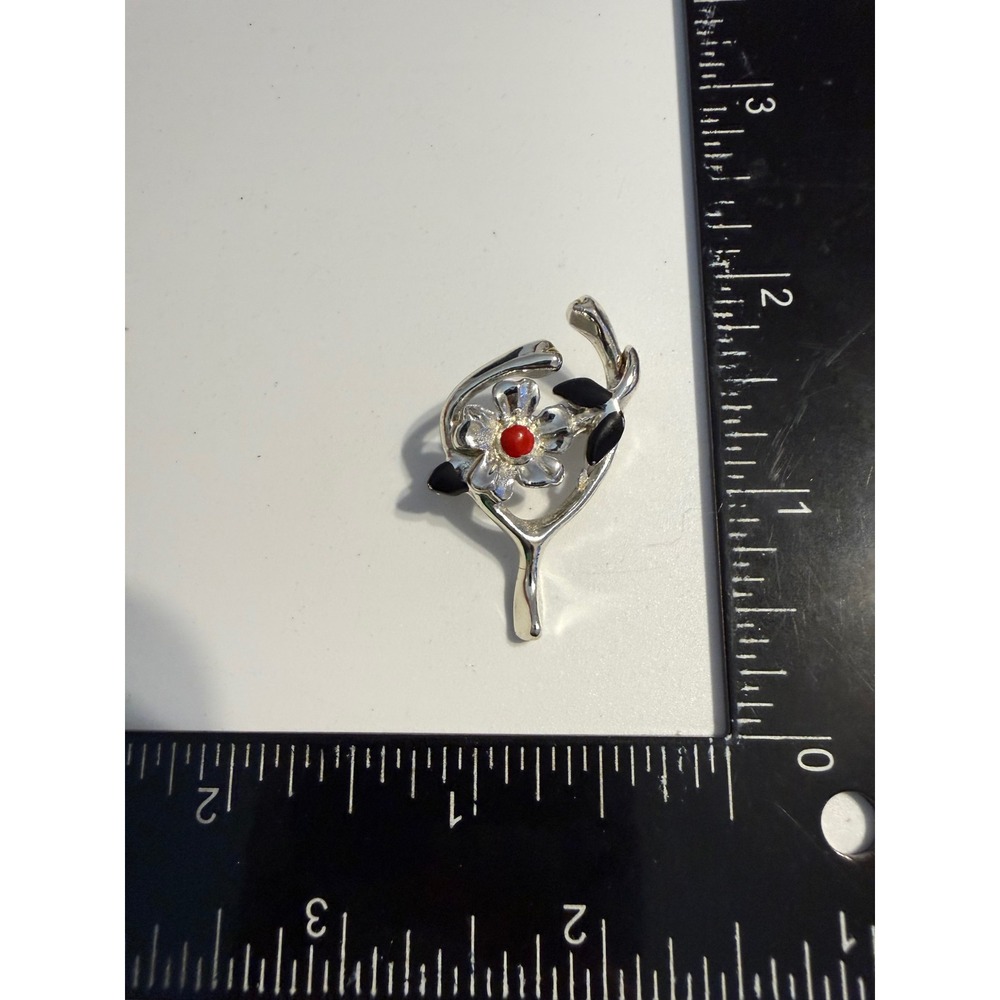 Vintage Silver Tone Flower Brooch Red Bead Black‎ Enamel Floral Pin Abstract